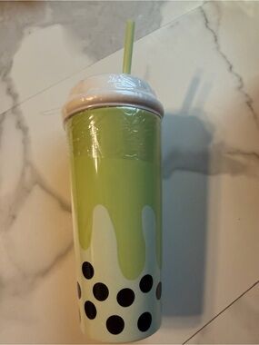 Green Polka Dot Ceramic Travel Tumbler with Straw